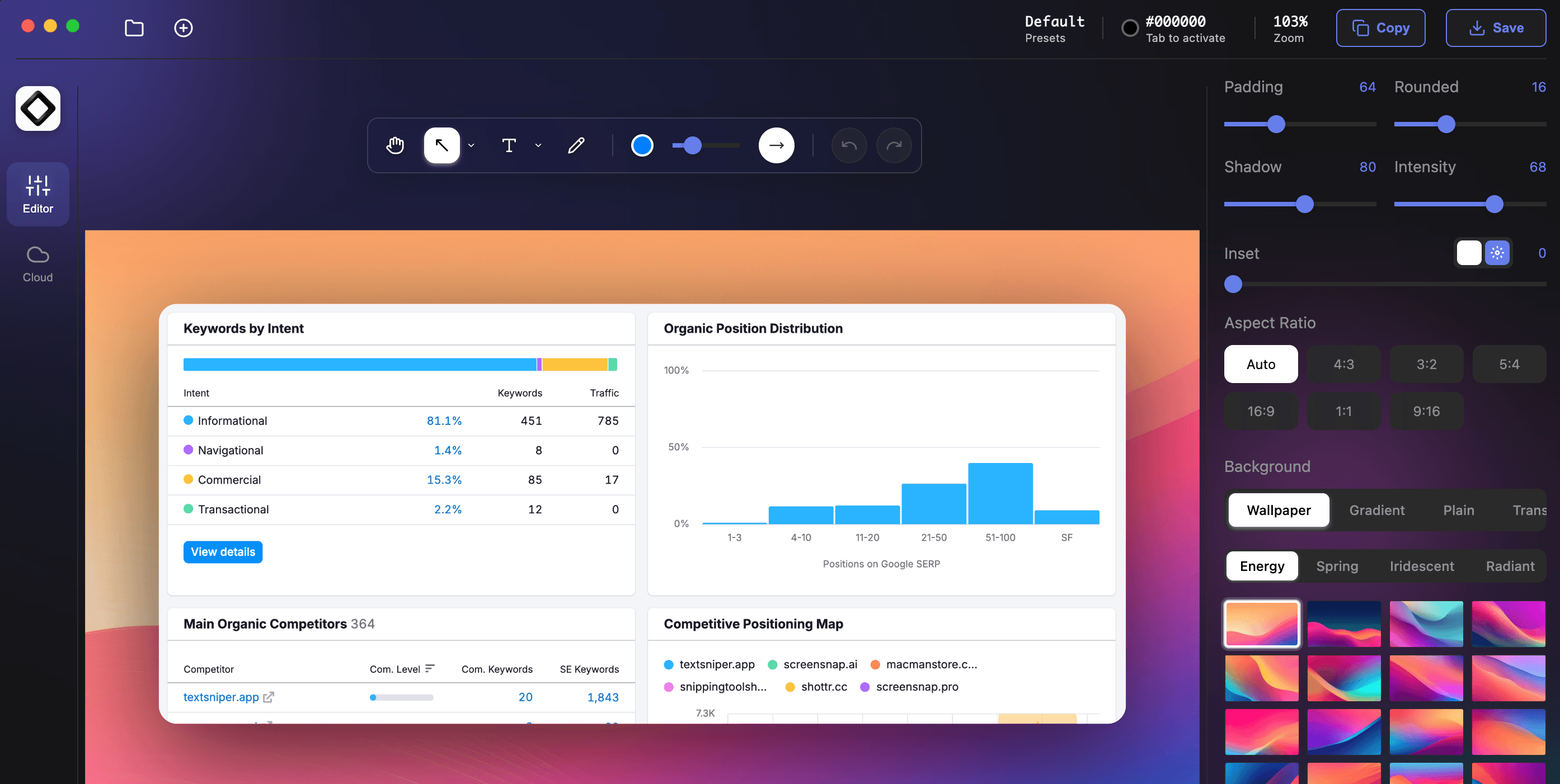 ScreenSnap Pro editor showing a screenshot canvas, annotation toolbar, and styling controls.