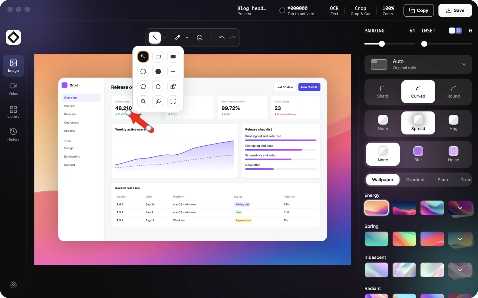 The editor with the Shapes menu open on the annotation toolbar and an arrow drawn on the screenshot