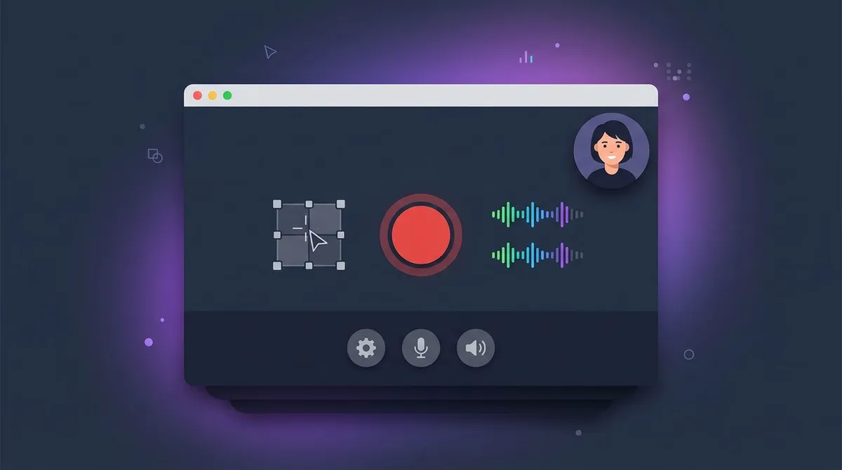 Mac screen recorder interface with system audio, microphone, and webcam controls