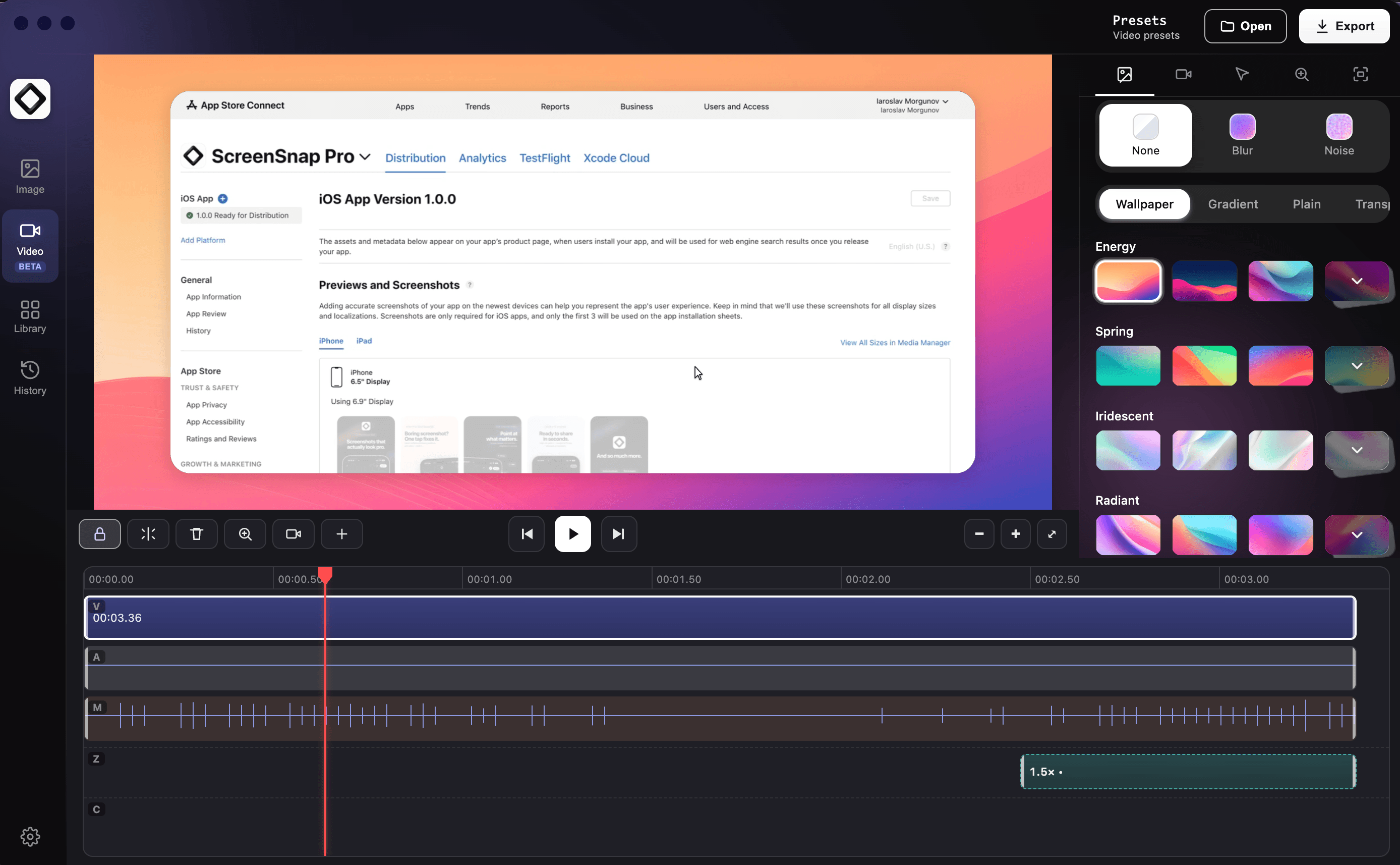 ScreenSnap Pro built-in video editor: a recording on a timeline with a zoom track, padding, gradient background, rounded corners, and a webcam bubble