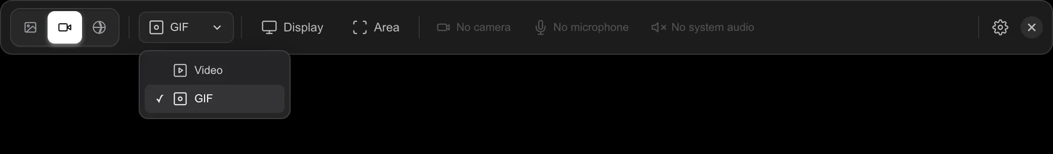 The format menu set to GIF, with the camera, microphone and system audio buttons greyed out
