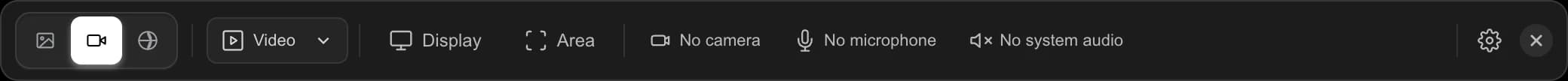 Capture Controls on the Screen Recording tab with the Video menu, Display, Area, camera, microphone and system audio buttons