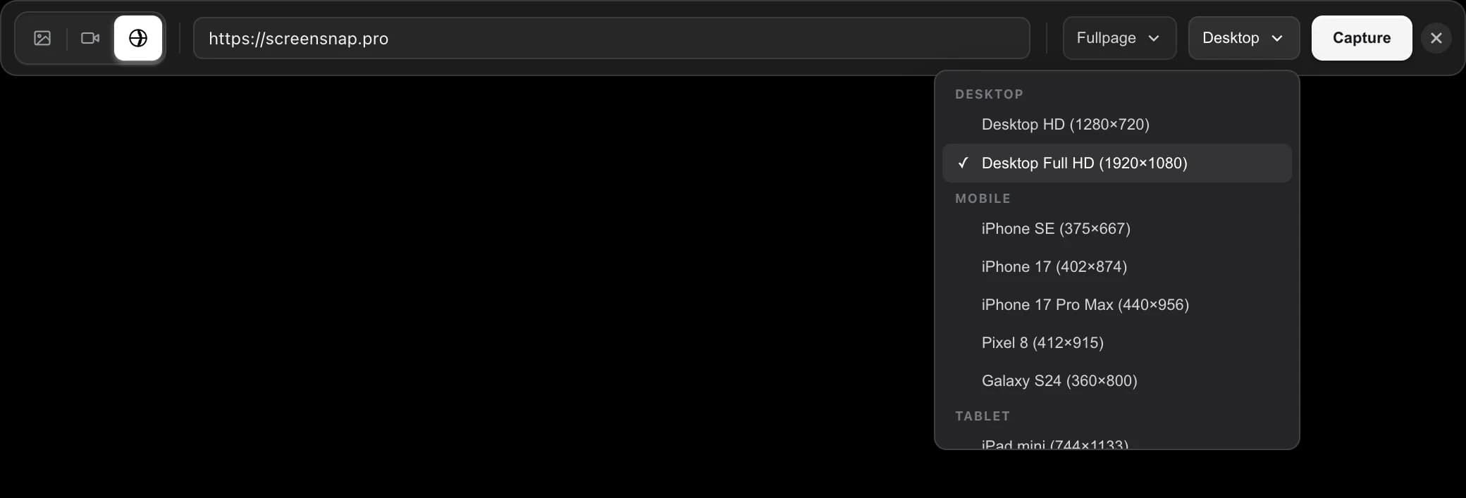 The Web Capture tab with a URL entered and the device size menu open showing Desktop, Mobile and Tablet sizes