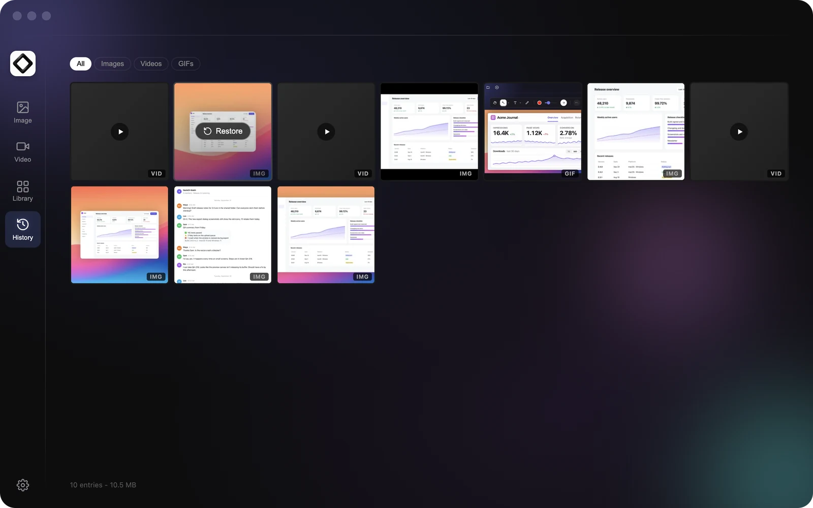 The History tab with All, Images, Videos and GIFs filters and a Restore button on a hovered thumbnail