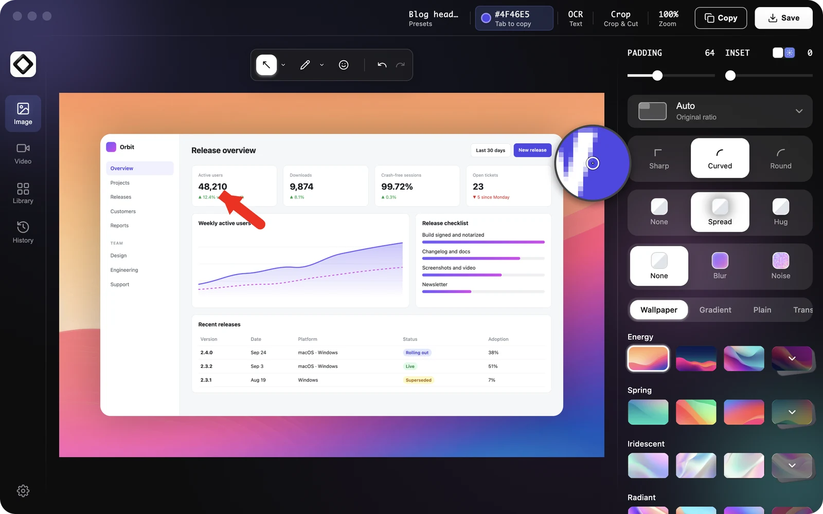 The color picker active in the editor: a pixel magnifier over a button and the HEX value in the top bar