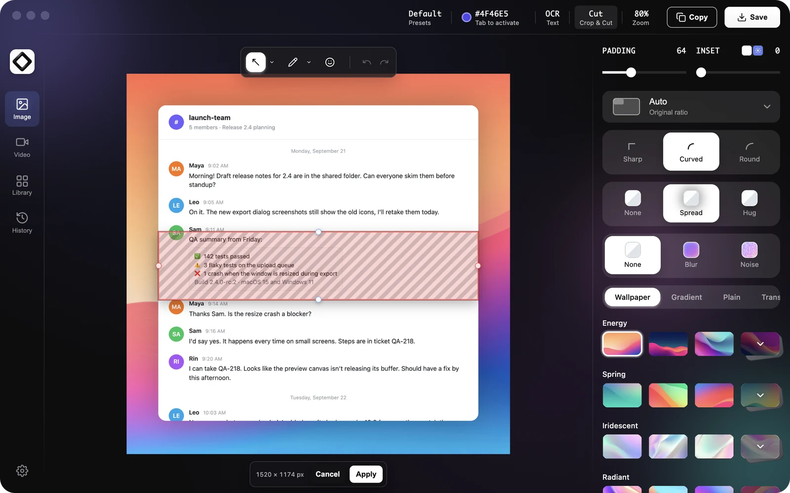 Cut mode in the editor: a hatched strip across a chat screenshot, with the size readout and Cancel and Apply buttons