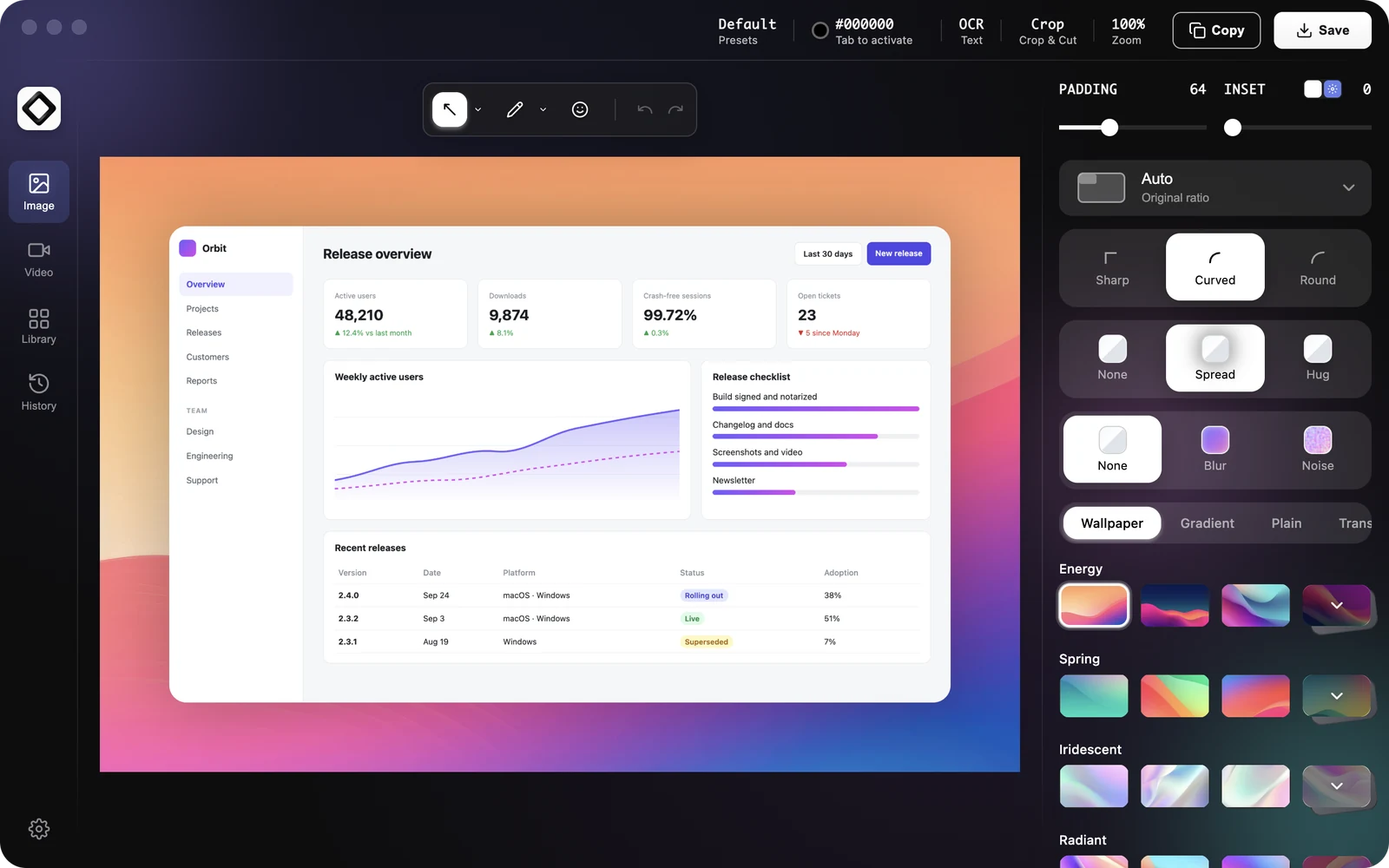 The ScreenSnap Pro editor with a screenshot loaded, the annotation toolbar and the style panel