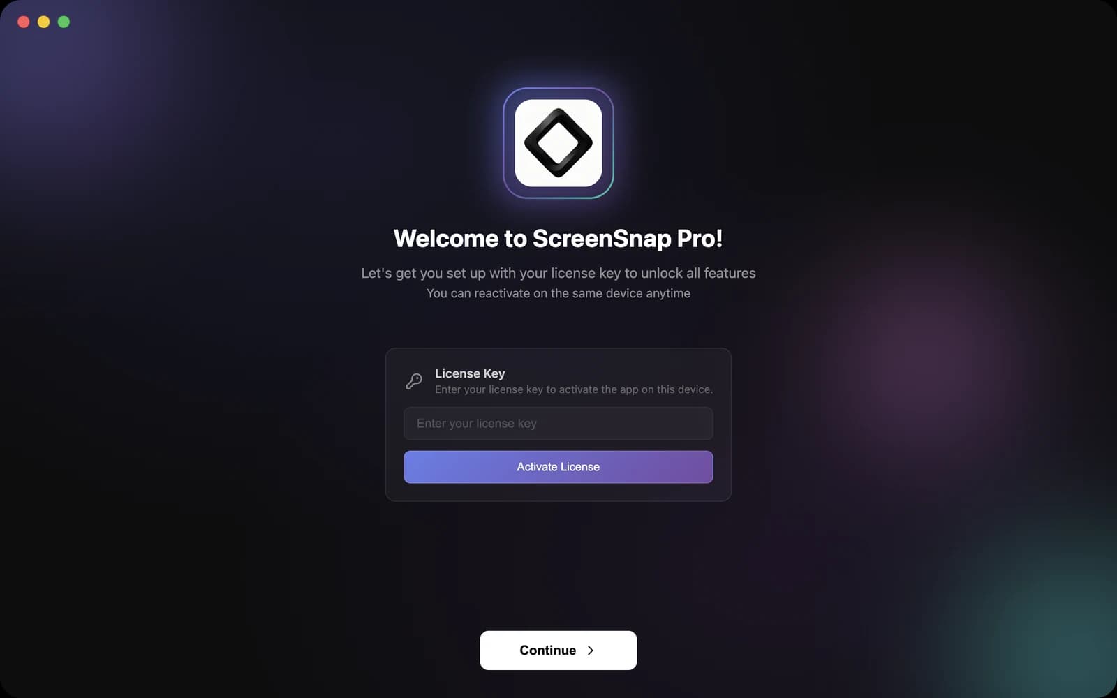 ScreenSnap Pro first launch screen with the License Key field and Activate License button