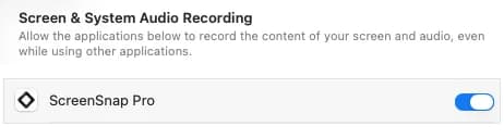 macOS System Settings, Screen and System Audio Recording, with ScreenSnap Pro switched on