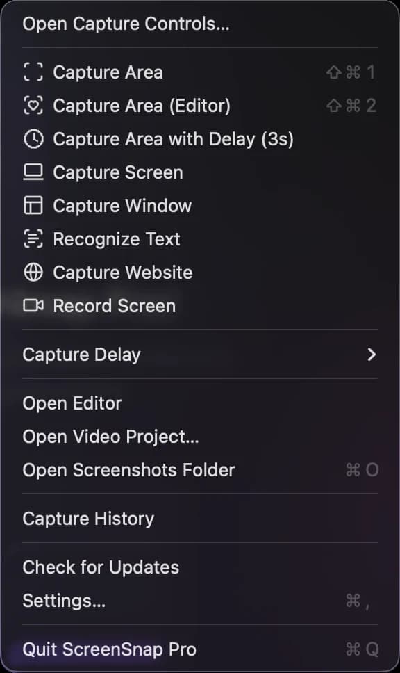 The ScreenSnap Pro menu bar menu with capture actions and their shortcuts
