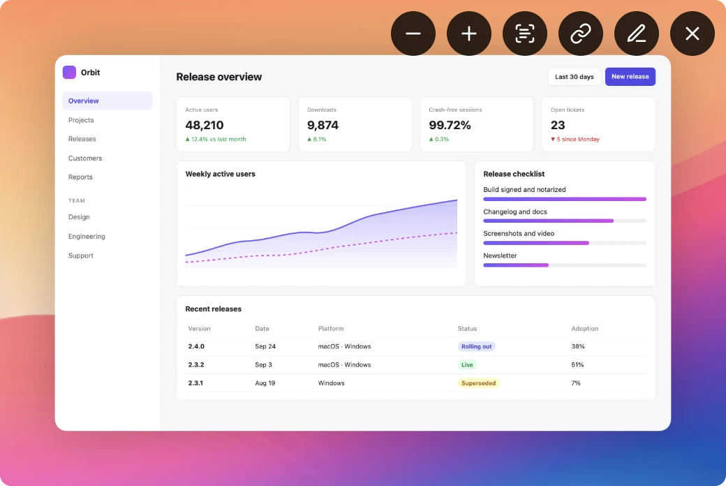 A pinned screenshot on hover with zoom out, zoom in, Copy Text, upload, Edit in Editor and Close buttons