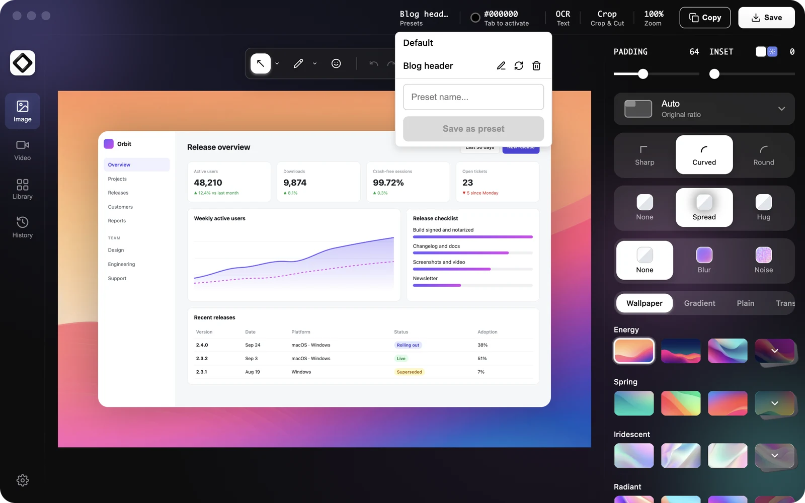 The Presets menu with Default, a custom preset with rename, update and delete buttons, and the Save as preset field
