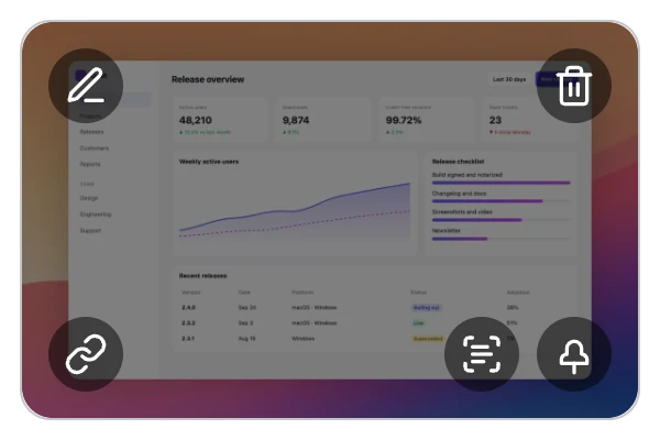 A Quick Preview thumbnail on hover with Edit, Delete, Upload and copy link, Copy Text and Pin buttons