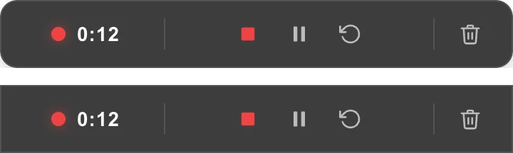 The floating recording controls with timer, Stop, Pause, Restart and Delete, on Mac (top) and Windows (bottom)