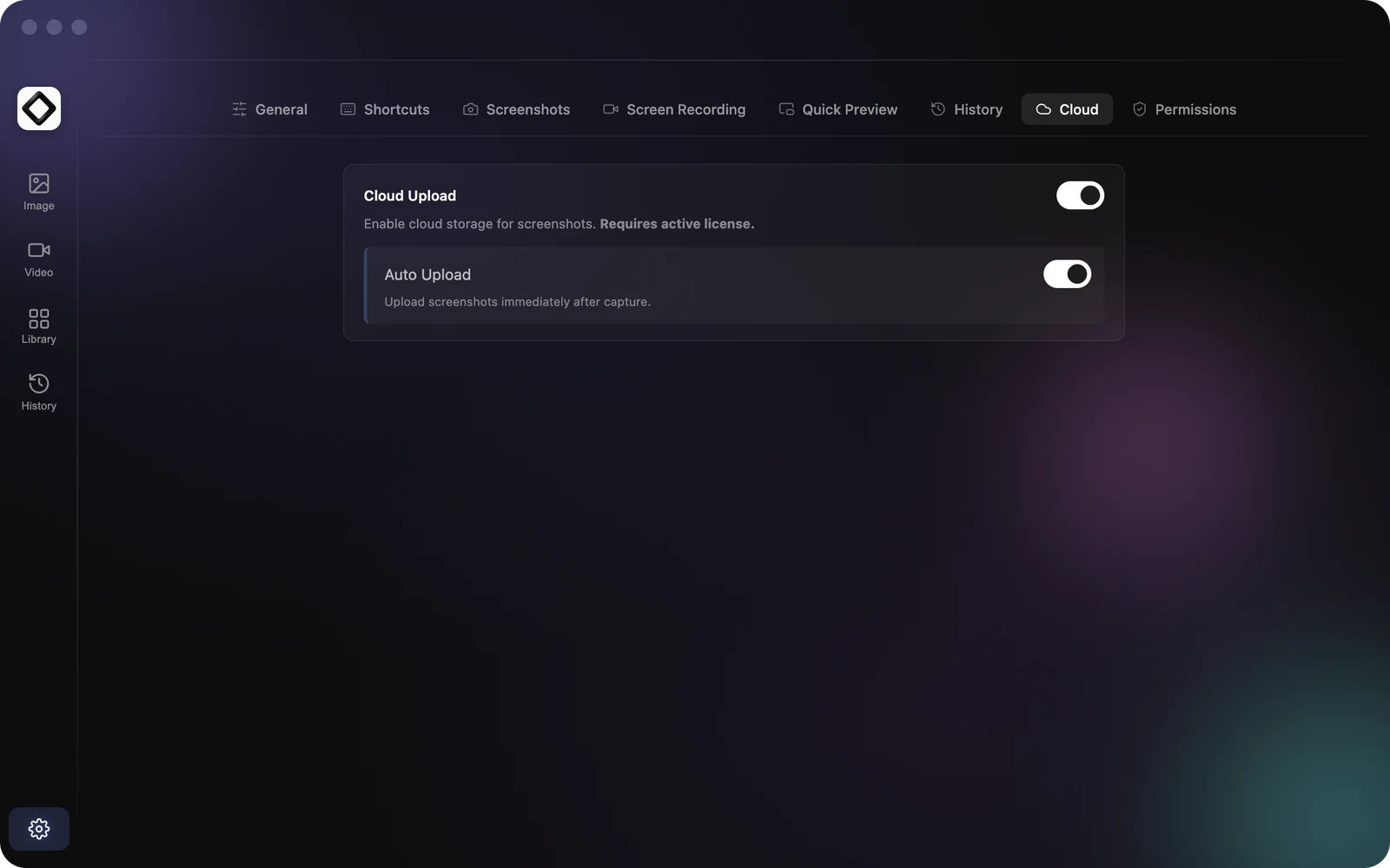 Settings, Cloud tab with both Cloud Upload and Auto Upload switched on