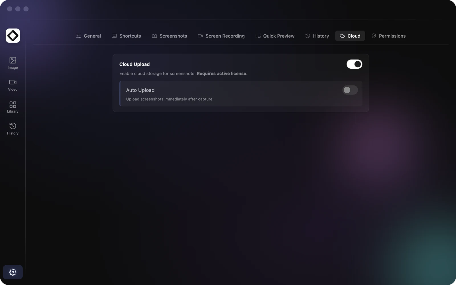 Settings, Cloud tab with Cloud Upload on and Auto Upload off