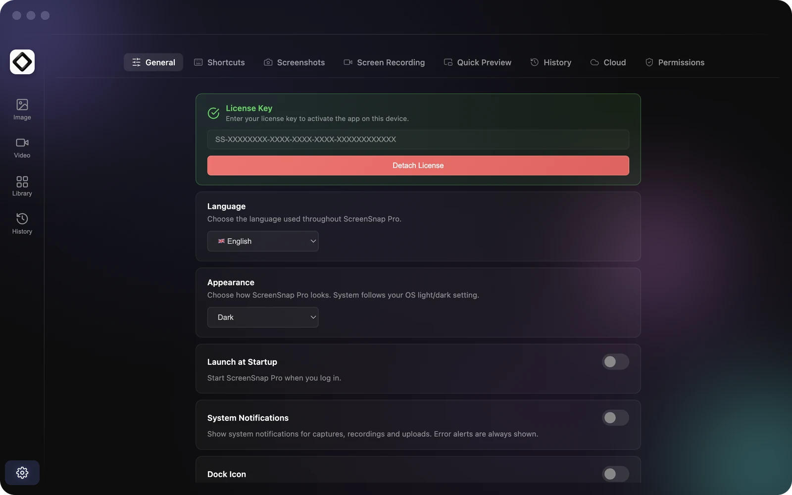 Settings, General tab with an activated license key and the Detach License button