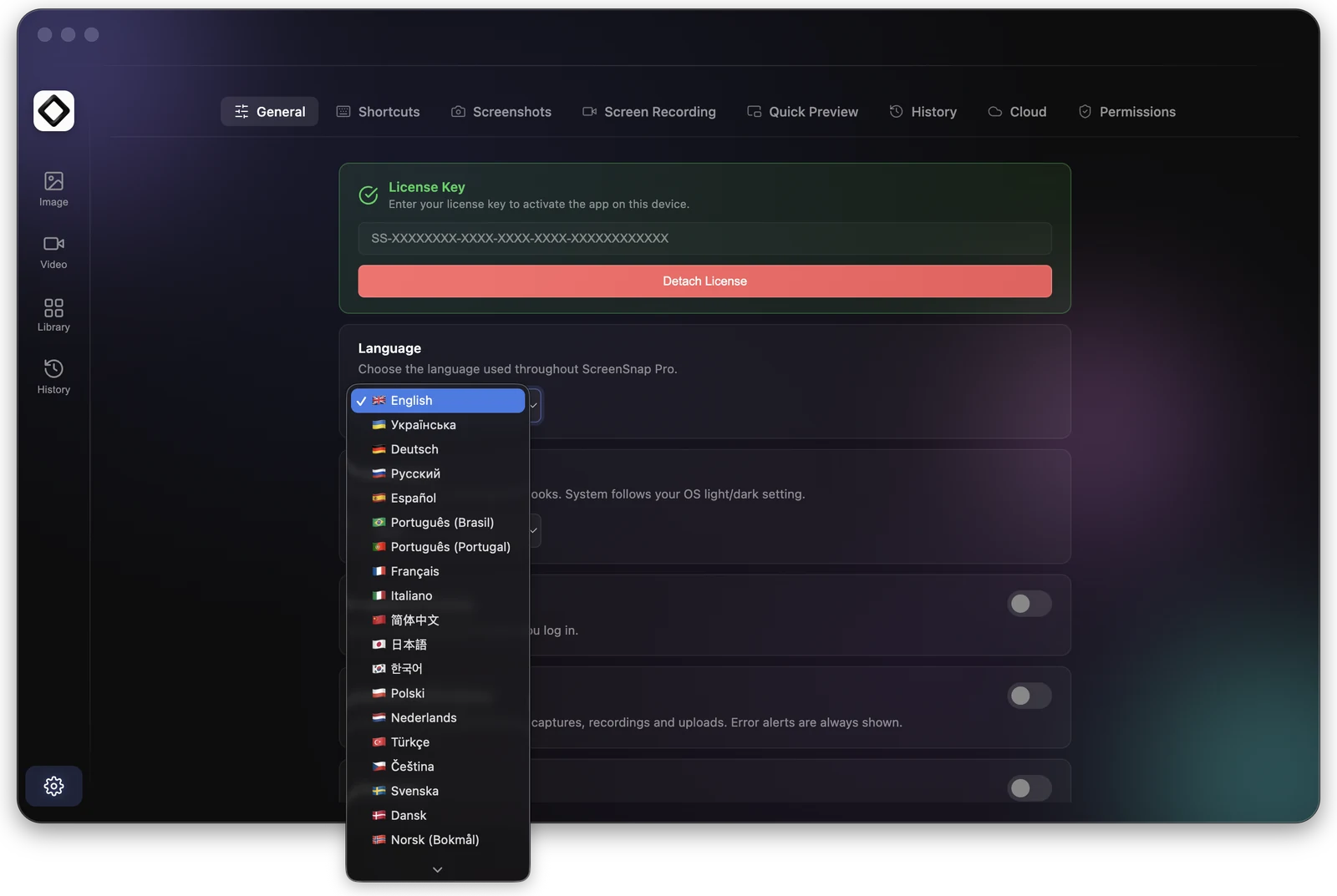 Settings, General tab with the Language menu open, listing language names with flags