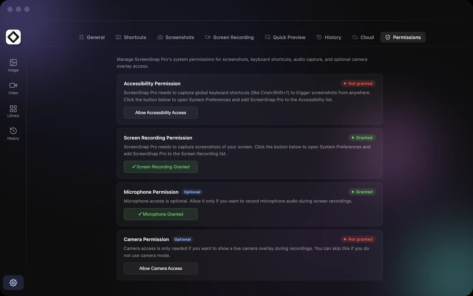Settings, Permissions tab showing Accessibility, Screen Recording, Microphone and Camera with their status