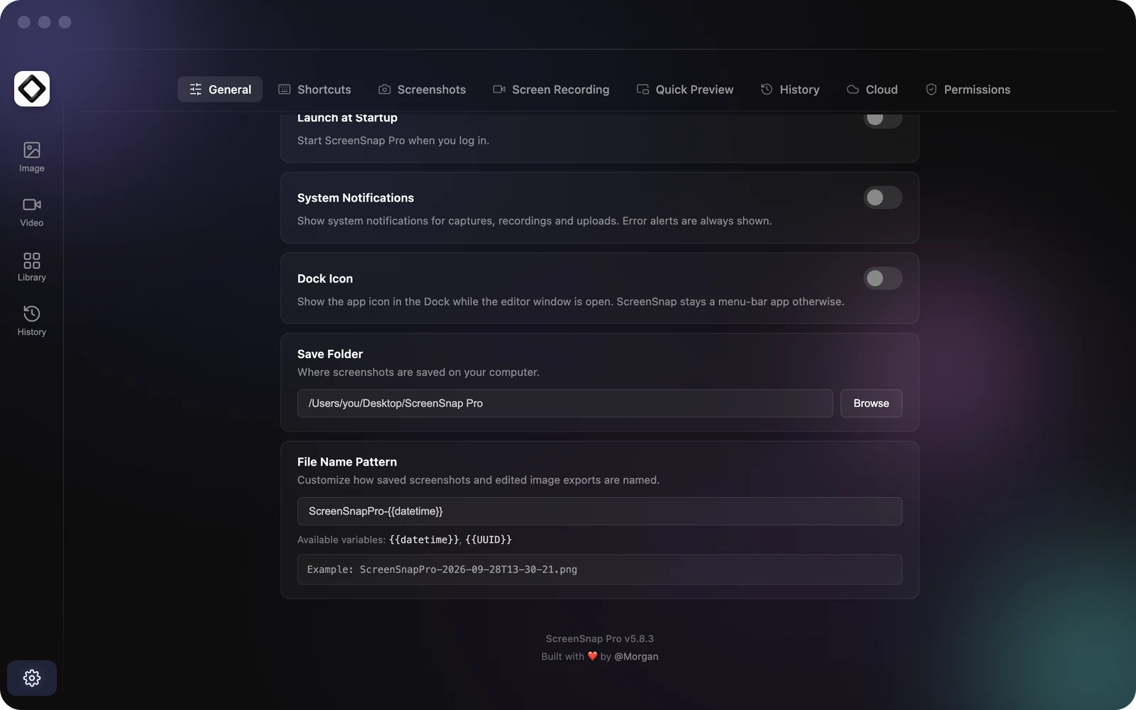 Settings, General tab with the Save Folder field and Browse button and the File Name Pattern with its live example