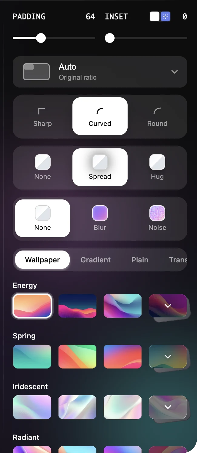 The editor style panel: Padding and Inset, ratio, corner radius, shadow, background effect and background tabs