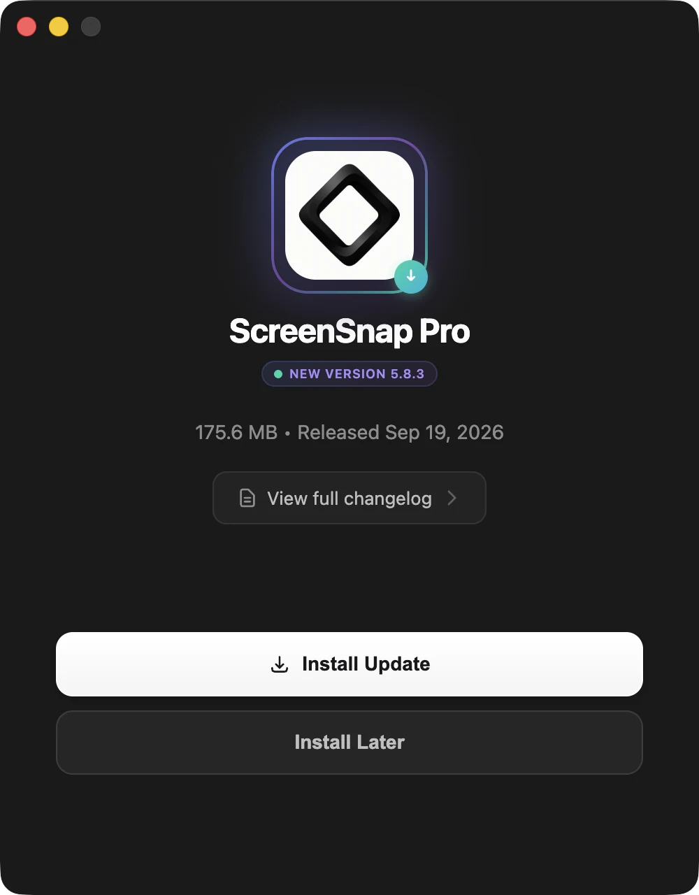 The ScreenSnap Pro update window with the new version, its size and release date, and Install Update and Install Later buttons