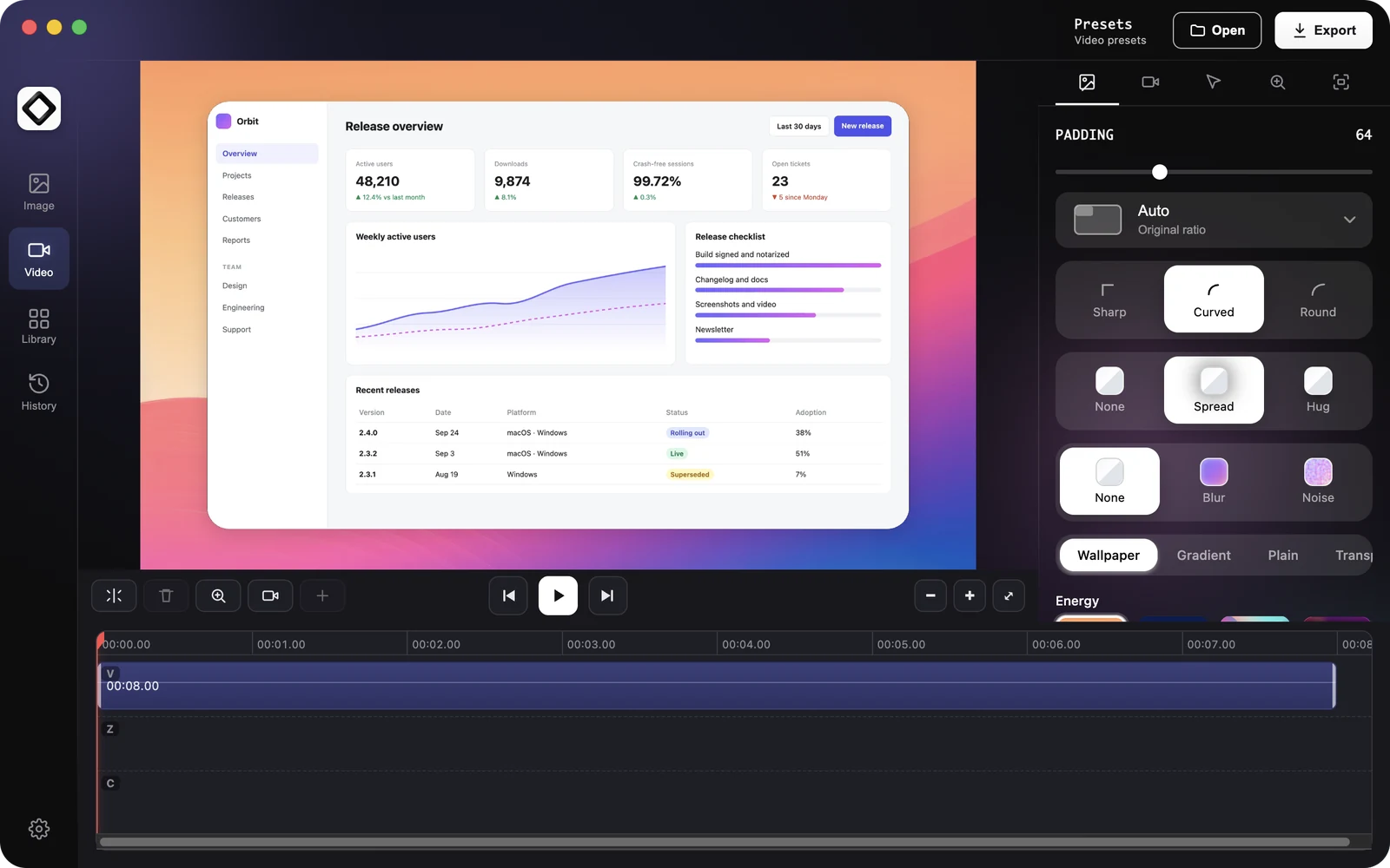 The video editor Background tab with padding, ratio, corners, shadow, effect and wallpapers next to a styled recording