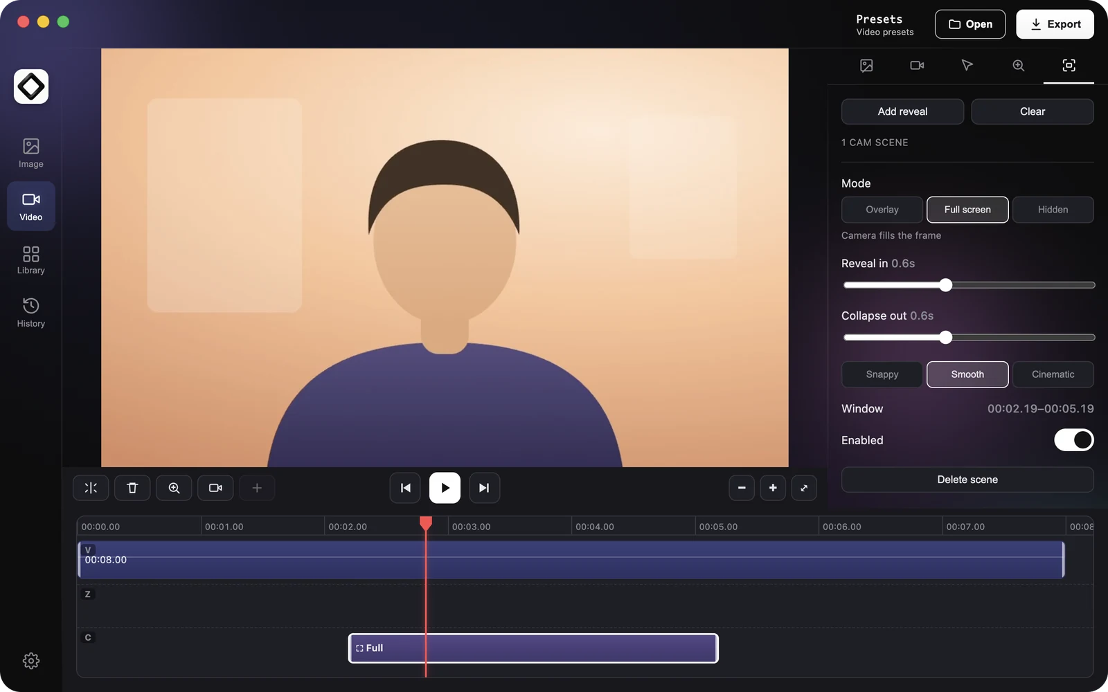 The Cam scenes tab with a full screen scene on the C lane and the webcam filling the preview