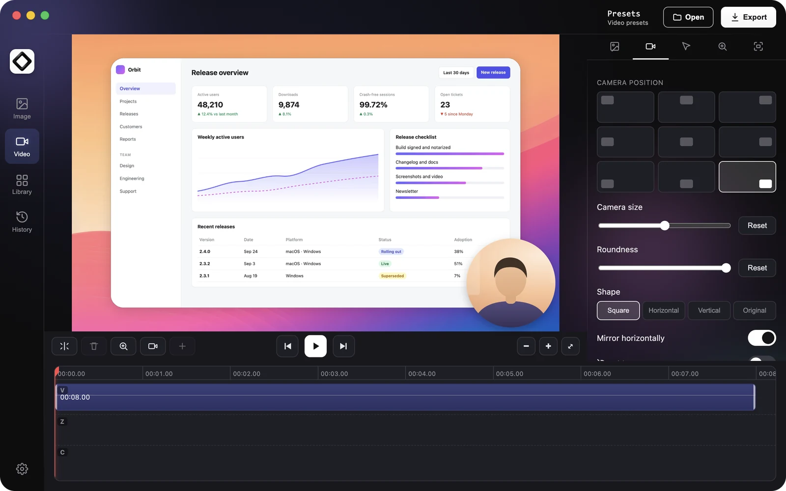 The video editor Camera tab with a round webcam overlay in the corner of the preview