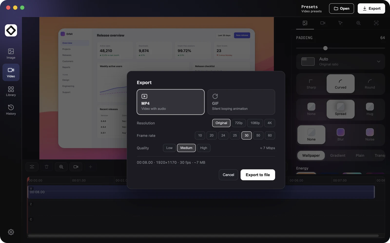 The video Export dialog with MP4 and GIF, Resolution, Frame rate and Quality options and the summary line