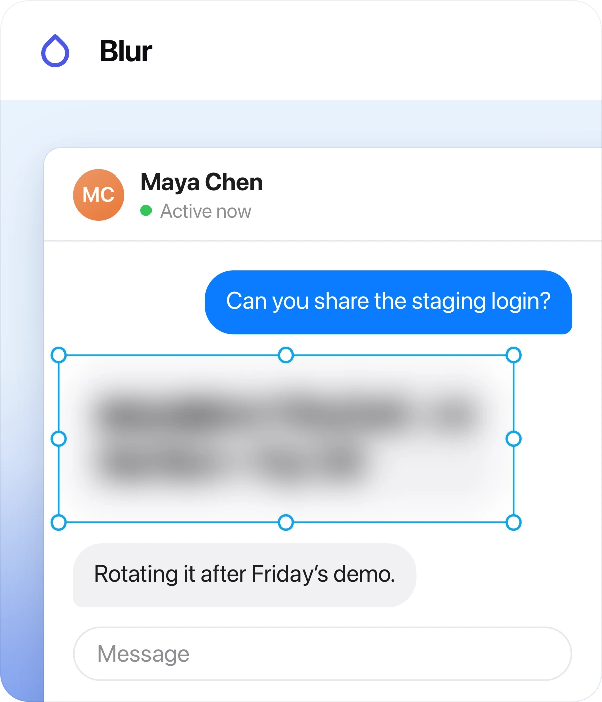 Blur tool card: a chat message blurred out below a question about a staging login