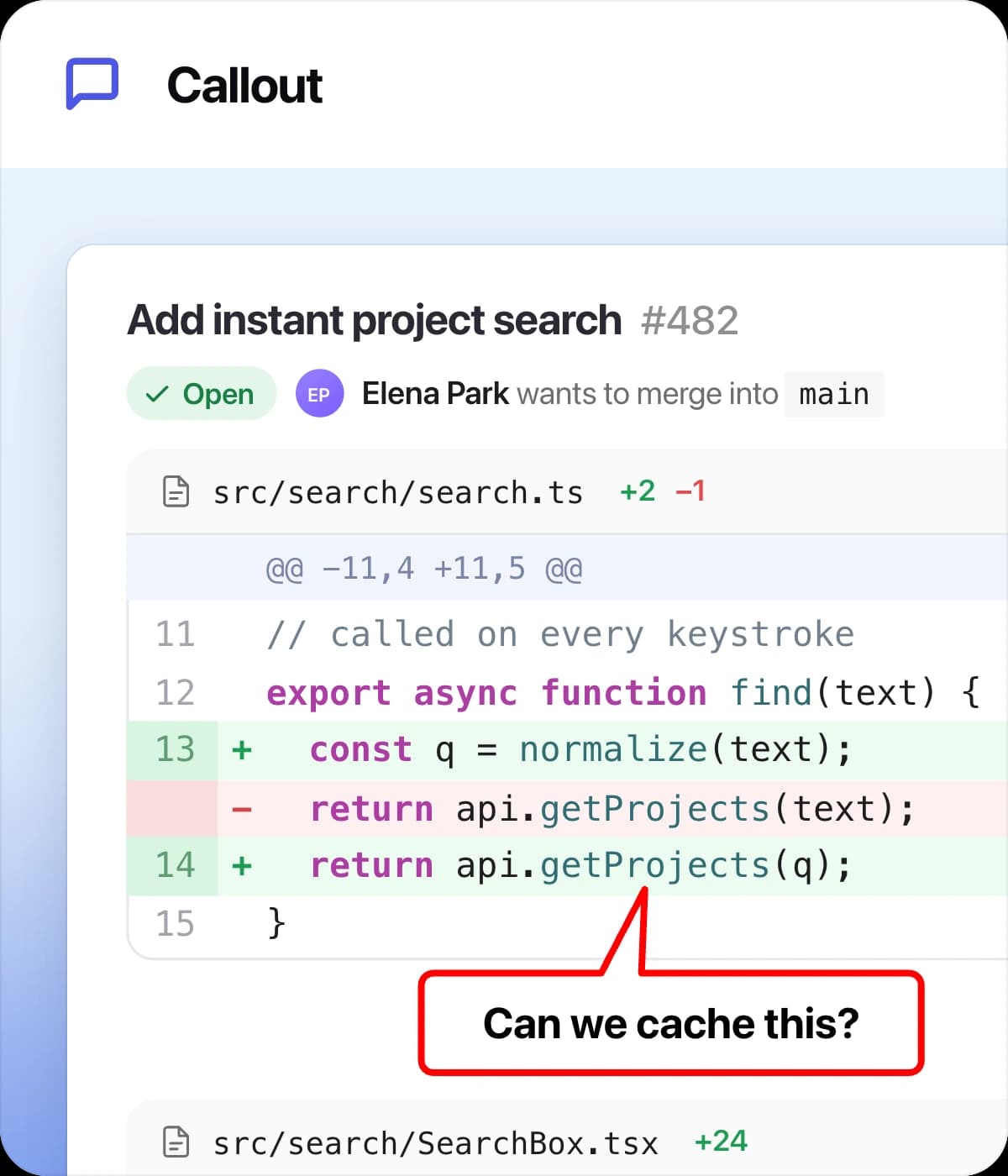 Callout tool card: a bubble saying Can we cache this? pointing at a line of code