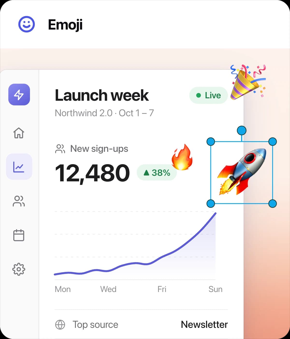 Emoji tool card: a selected rocket emoji with resize handles next to a sign-ups chart