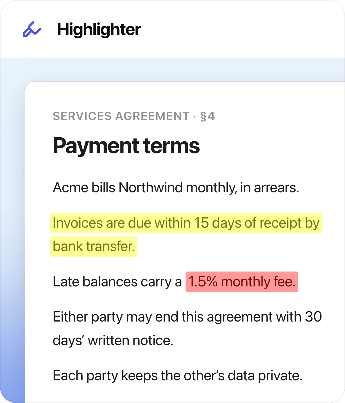 Highlighter tool card: yellow and red highlights over lines of a contract
