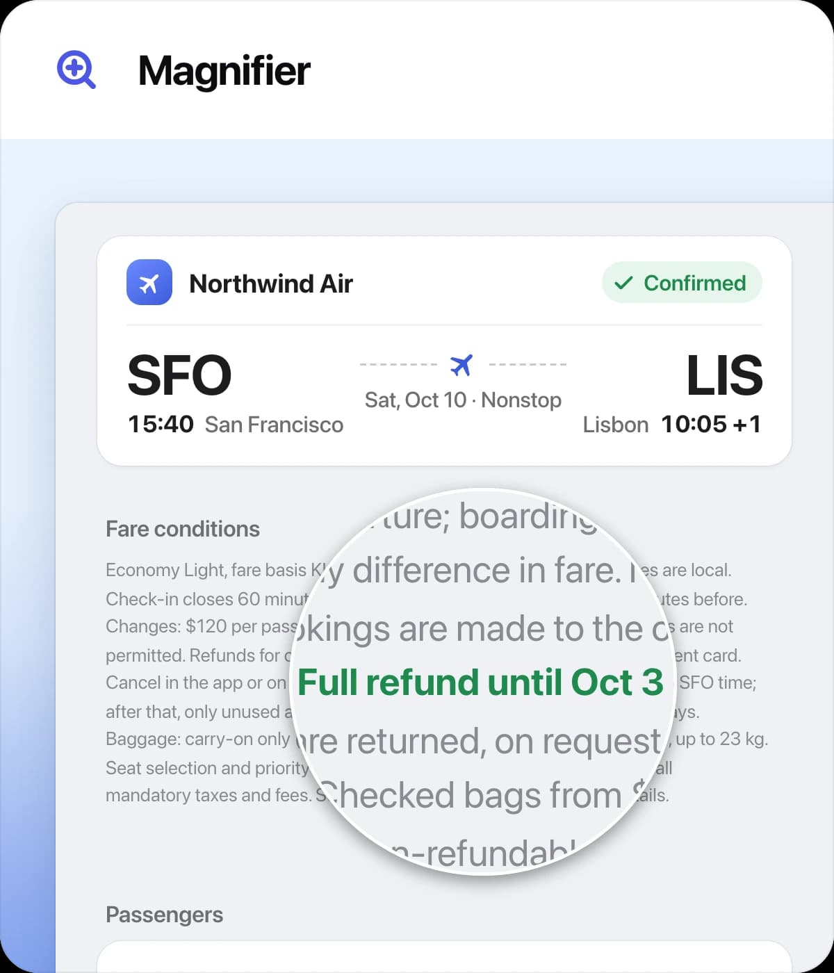 Magnifier tool card: a round lens enlarging the line Full refund until Oct 3 in fare conditions