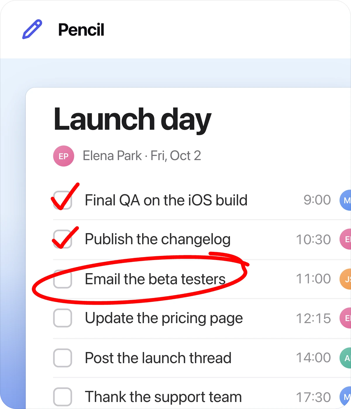 Pencil tool card: hand-drawn check marks and a circle on a to-do list