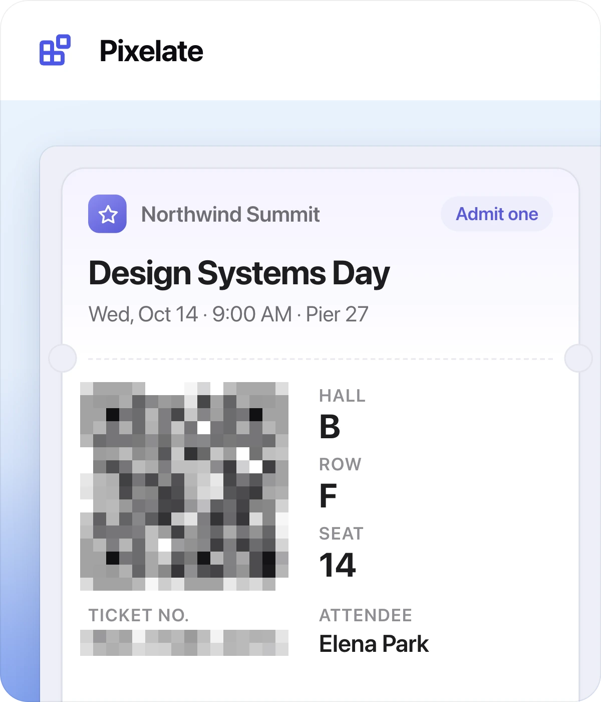 Pixelate tool card: a ticket QR code and ticket number turned into blocks