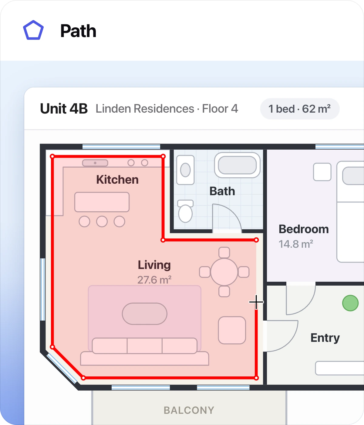 Path tool card: a red outline with a light fill traced around the kitchen and living area of a floor plan