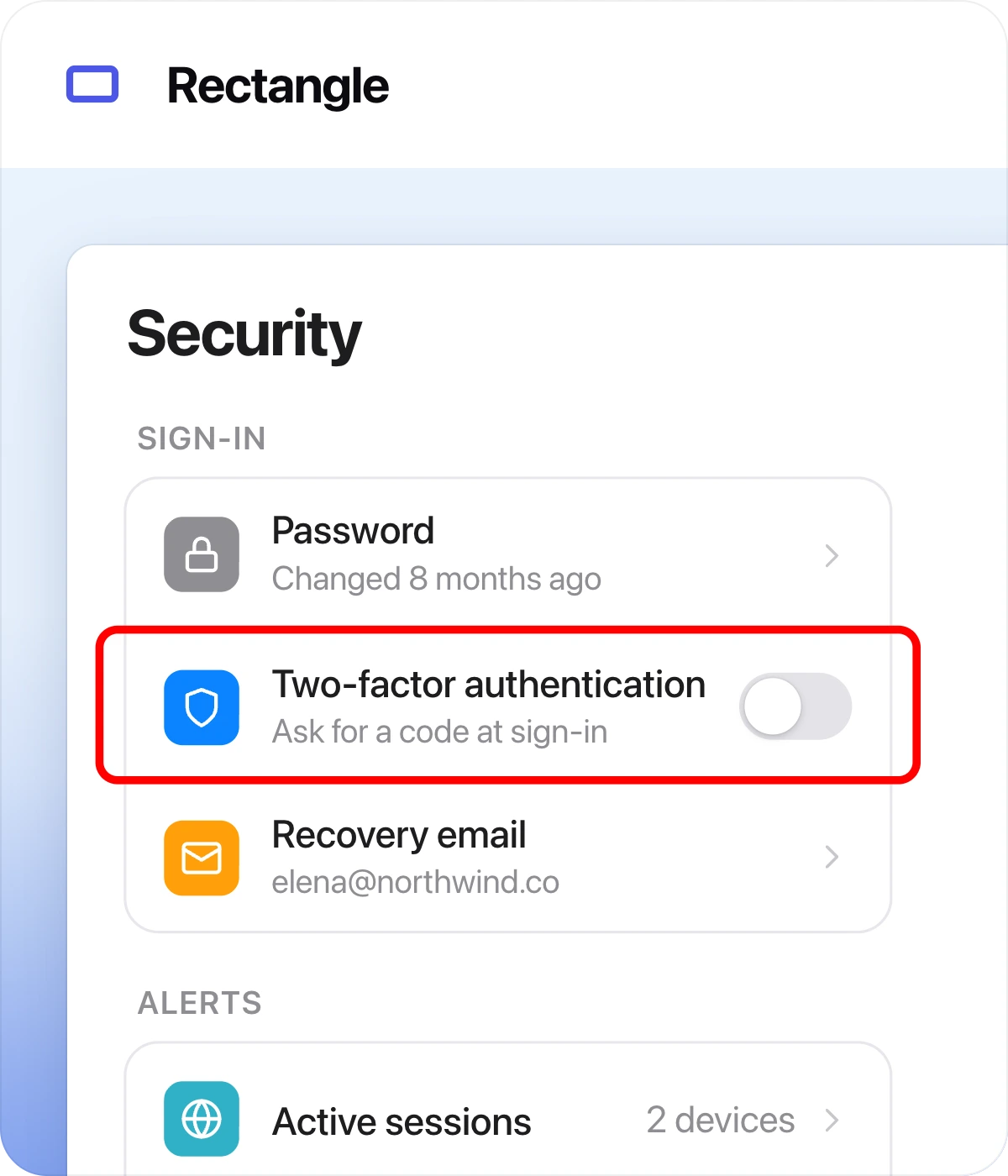 Rectangle tool card: a red outline around a two-factor authentication setting