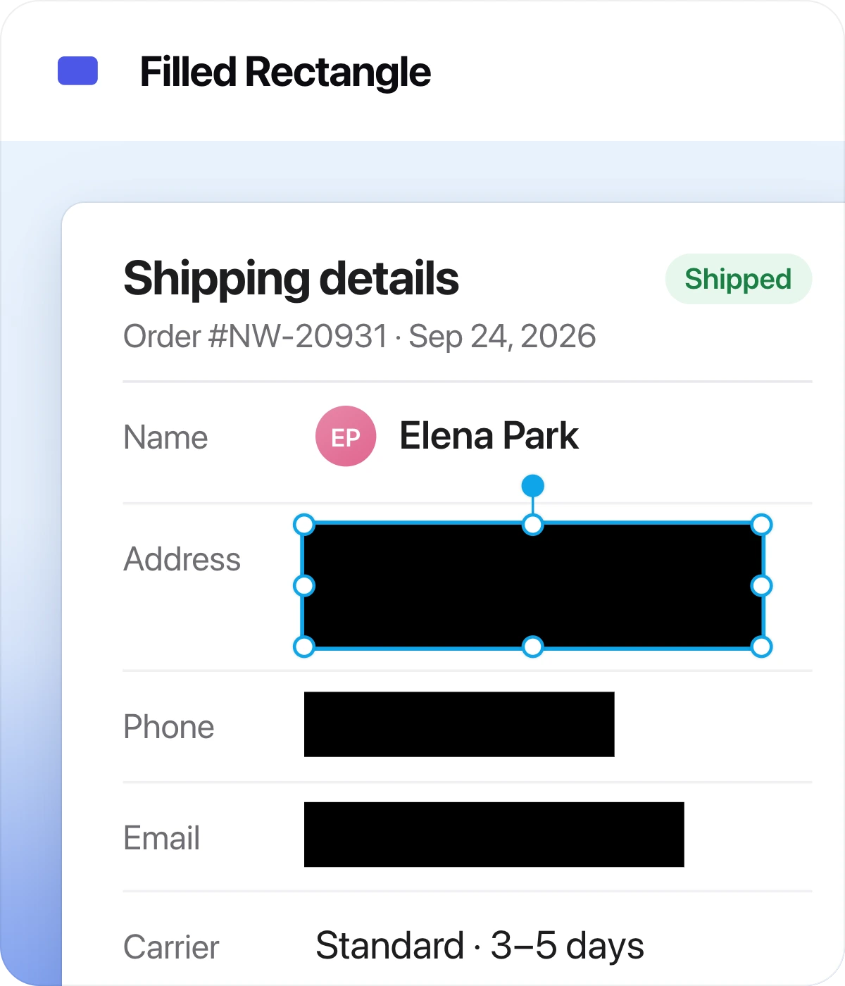 Filled Rectangle tool card: black boxes covering an address, phone number and email