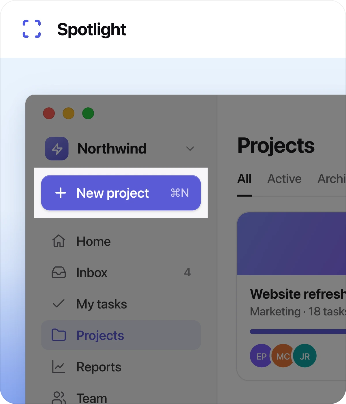 Spotlight tool card: a New project button stays bright while the rest of the app is dimmed