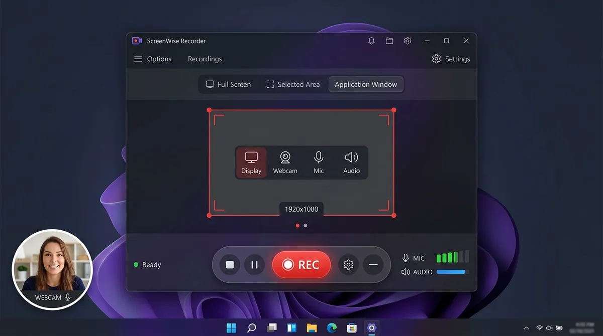 Screen recorder for Windows 11 with system audio, microphone, and webcam overlay controls