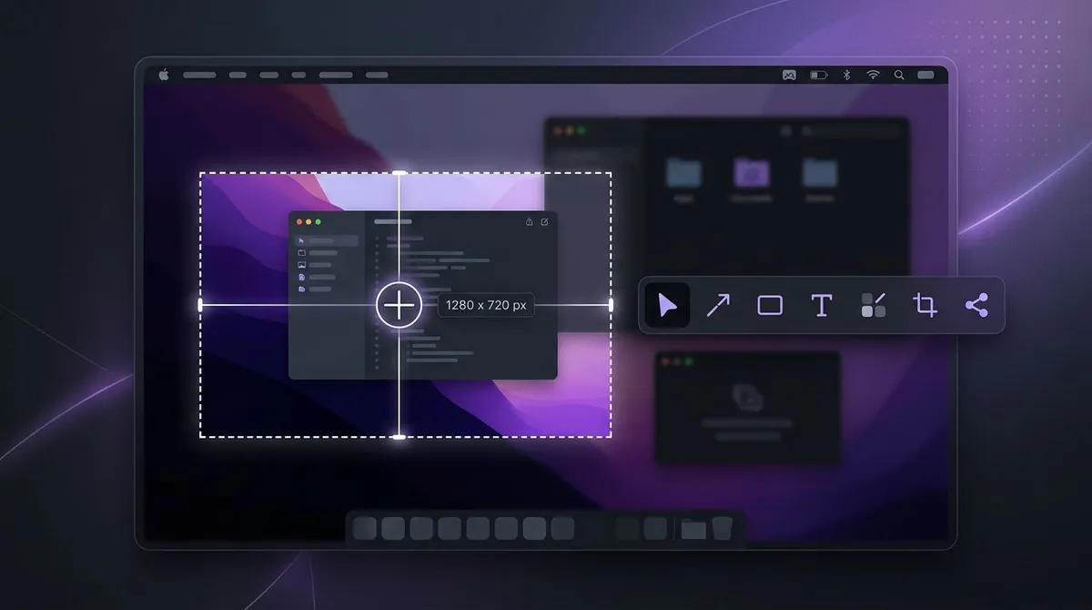 Snipping tool for Mac: ScreenSnap Pro region capture with crosshair selection and annotation toolbar on a macOS desktop