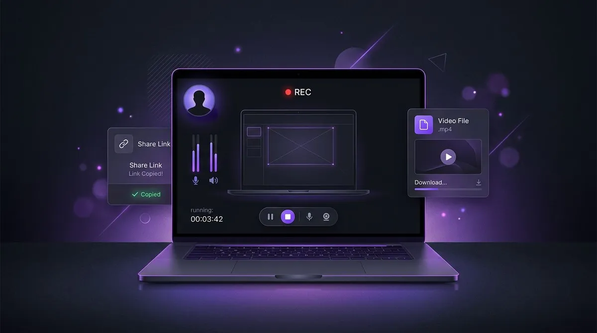 ScreenSnap Pro, a pay-once Loom alternative, recording a screen with webcam bubble, audio levels, and an instant private share link
