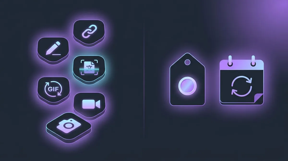 One-time purchase Loom alternative concept: capture feature icons next to a single price tag instead of a recurring subscription calendar