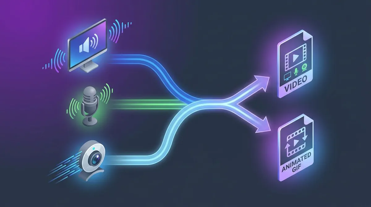 Screen recorder with audio on Windows: system sound, microphone, and webcam combined into video or GIF