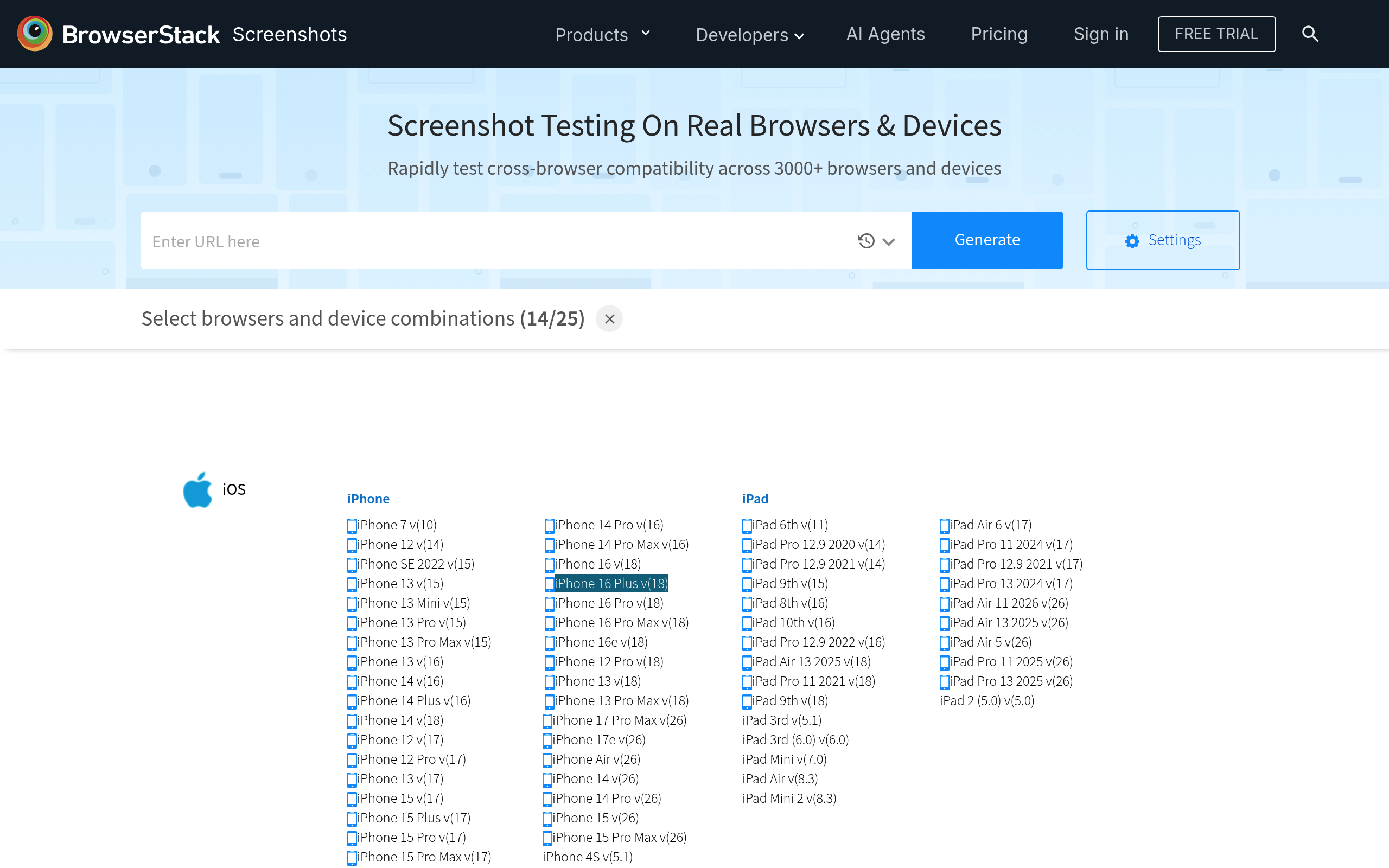 BrowserStack Screenshots cross-browser testing homepage
