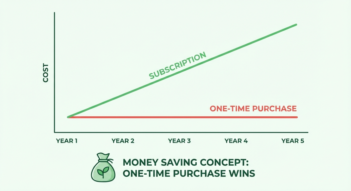 Cost comparison over time - subscription vs one-time purchase