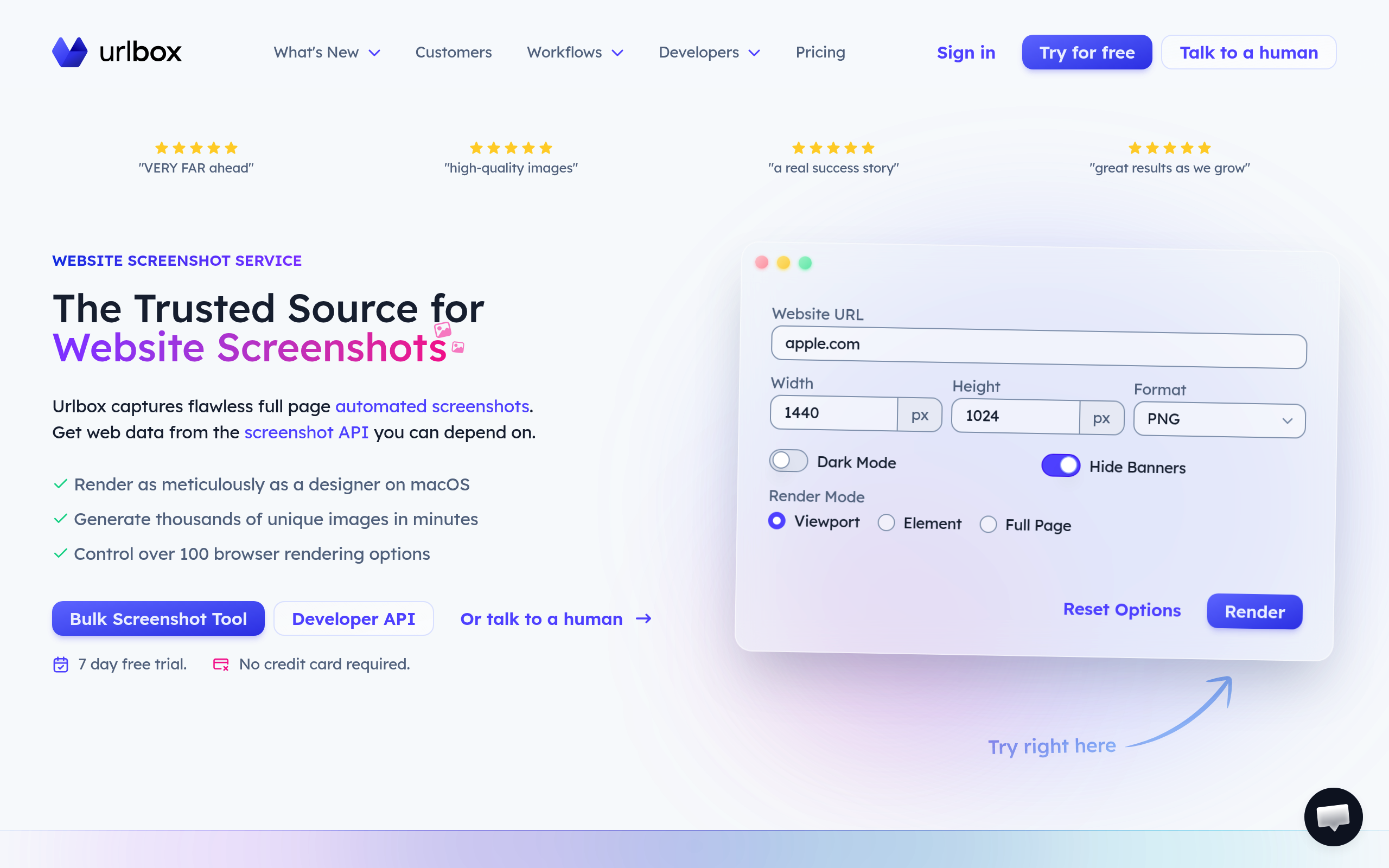 Urlbox website screenshot service homepage