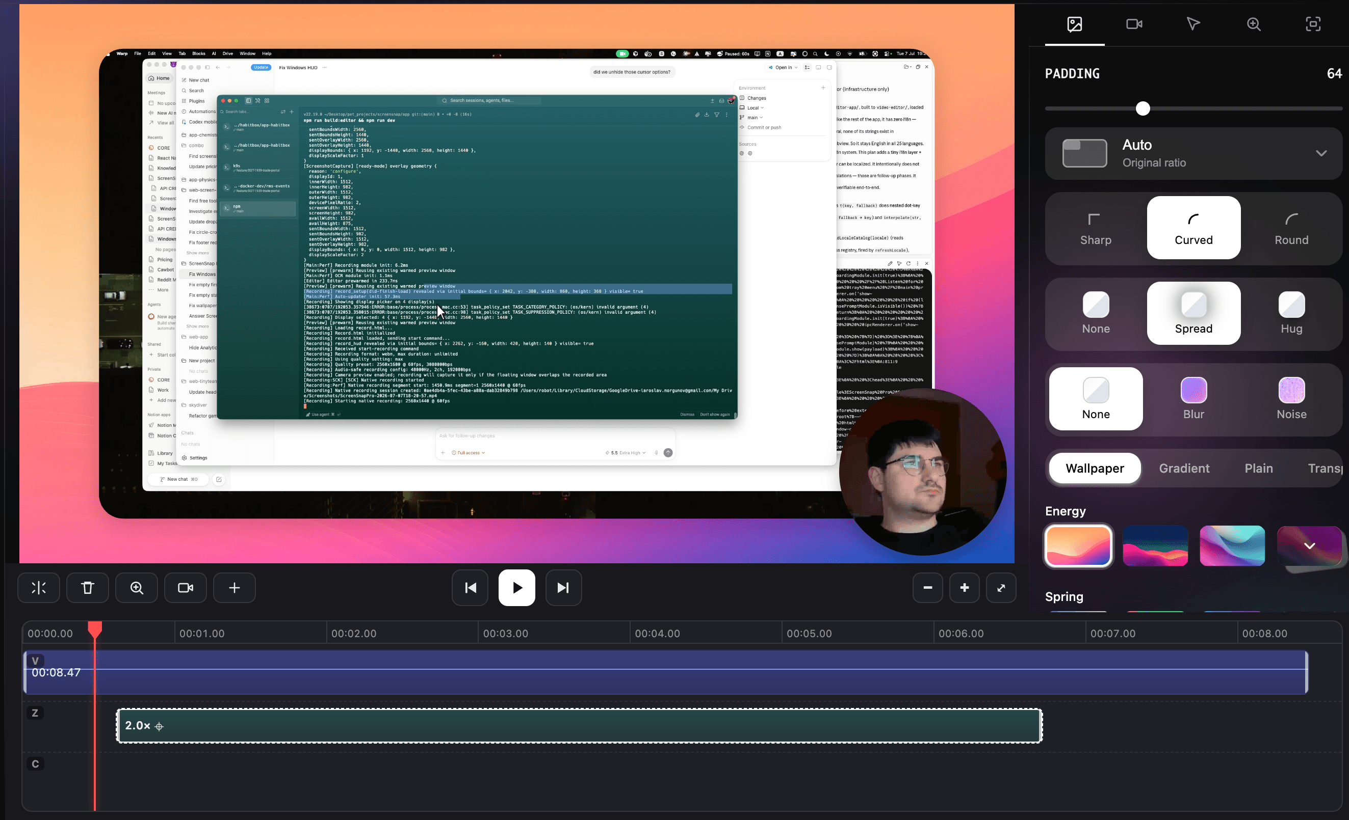 ScreenSnap Pro built-in video editor: a recording on a timeline with a zoom track, padding, gradient background, rounded corners, and a webcam bubble